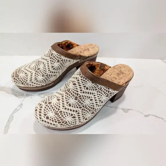 KORKS Women's Nora Clog Tan Crochet Overlay Slip On Wooden Platform Shoes 8 Boho - Picture 3 of 15